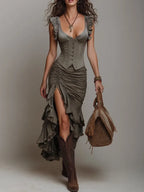 Ruffle Shaping Bra-Style Tank And Ruched High Slit Skirt Set