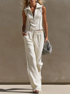 Sporty Retro Off-White Cotton Half-Zip Top And Frayed Pants Set