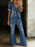 Women's Casual Loose Short Sleeved Denim V-neck Jumpsuit