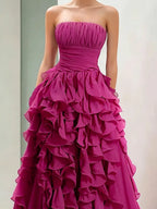 Strapless Magenta Ruffled Ball Gown
