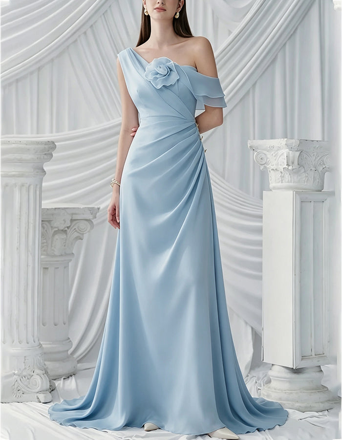 One Off Shoulder 3D Flower Cross Ruched Chiffon Maxi Dress