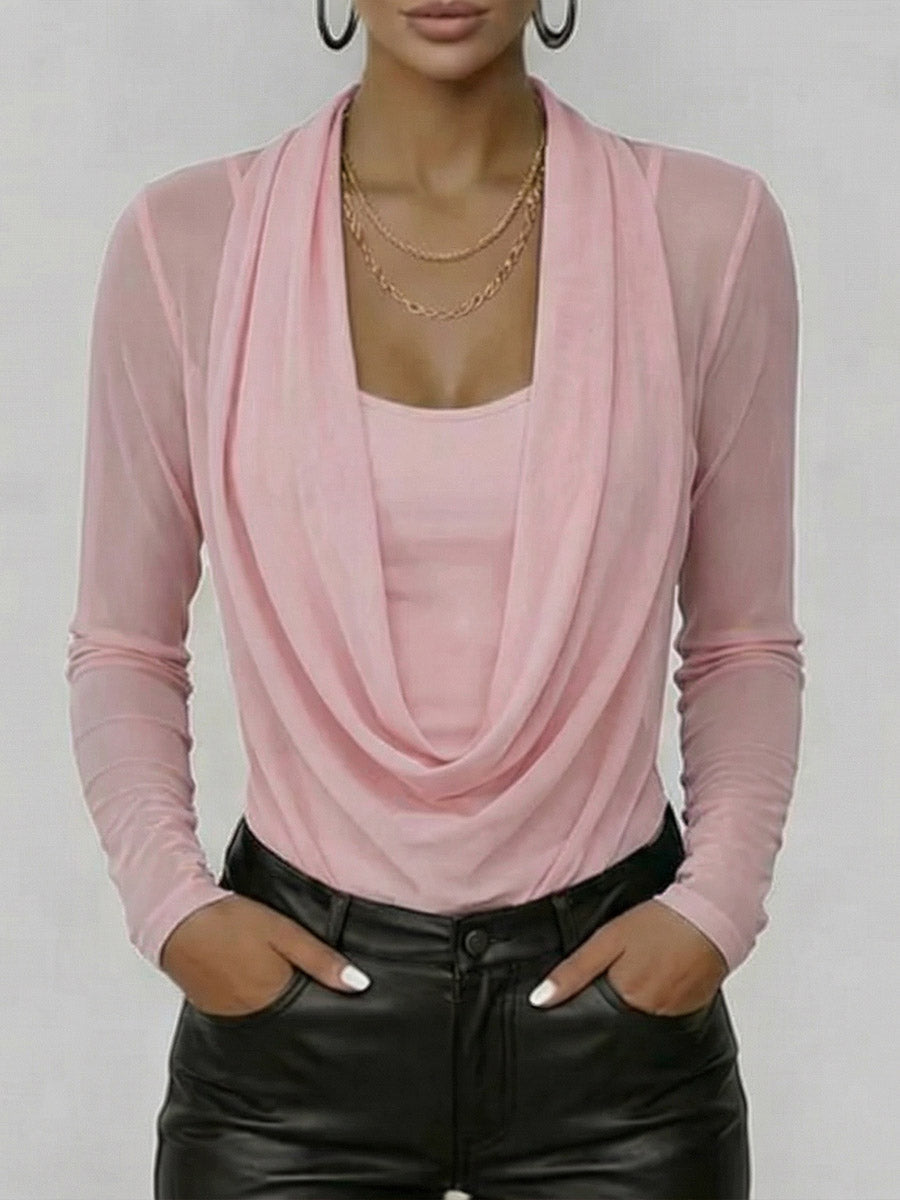 Women's Swing Neck Long-sleeved Casual Loose-fitting Sheer Mesh Top