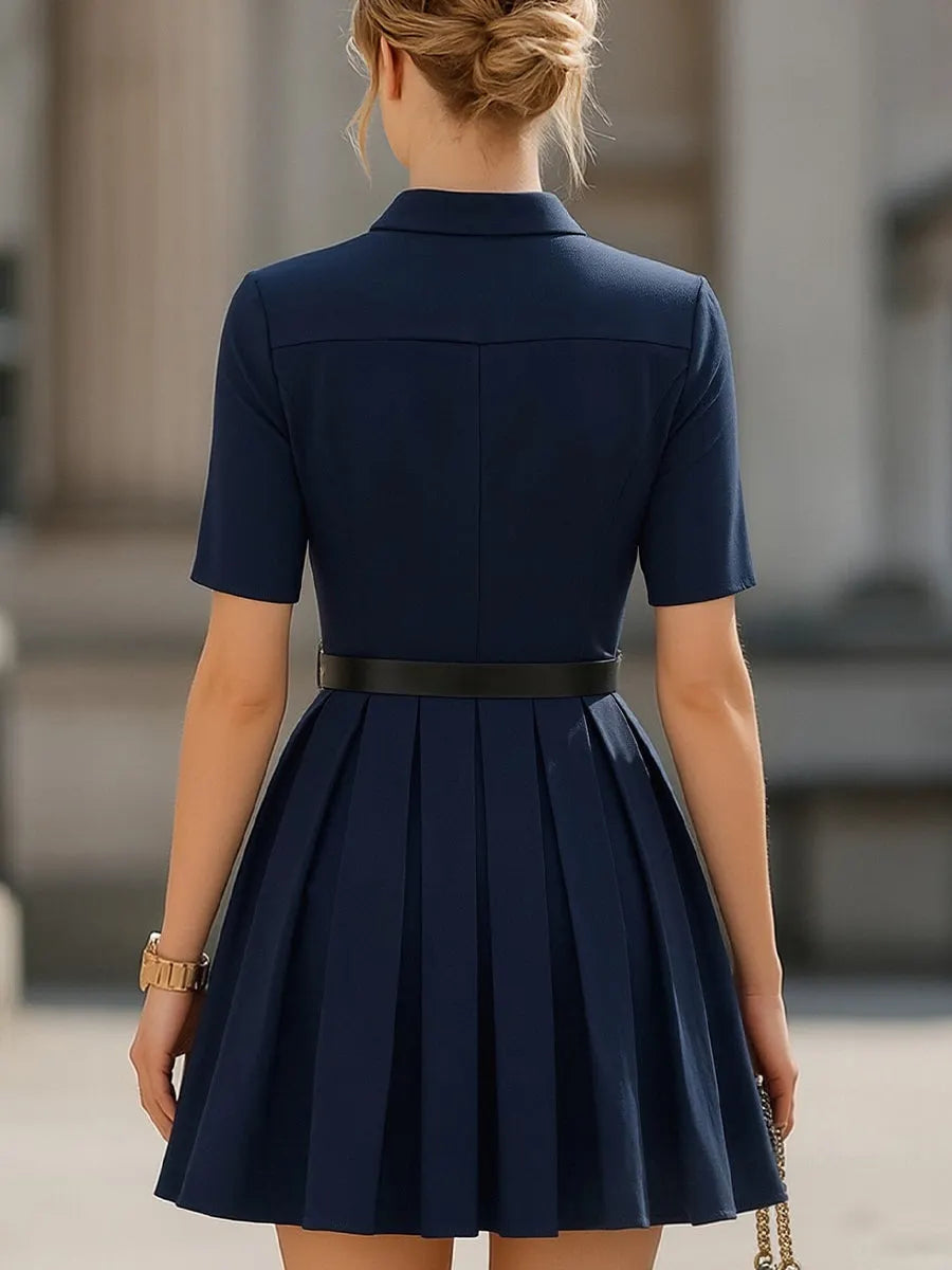 Navy Collared Zip-Front Pleated Mini Dress