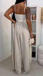 Lace Corset Cami Top & High Waist Pleated Wide Leg Pants Co-ord Set