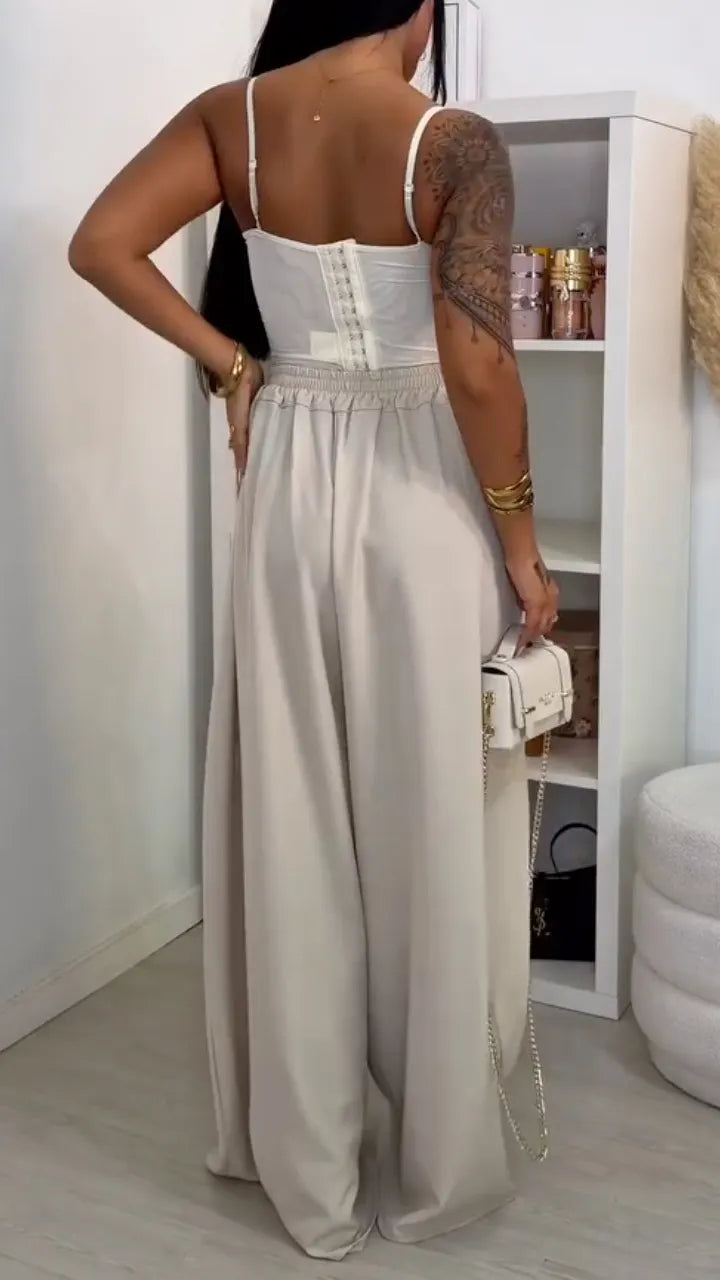 Lace Corset Cami Top & High Waist Pleated Wide Leg Pants Co-ord Set