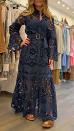 Eyelet Embroidery Belted Shirt Maxi Dress