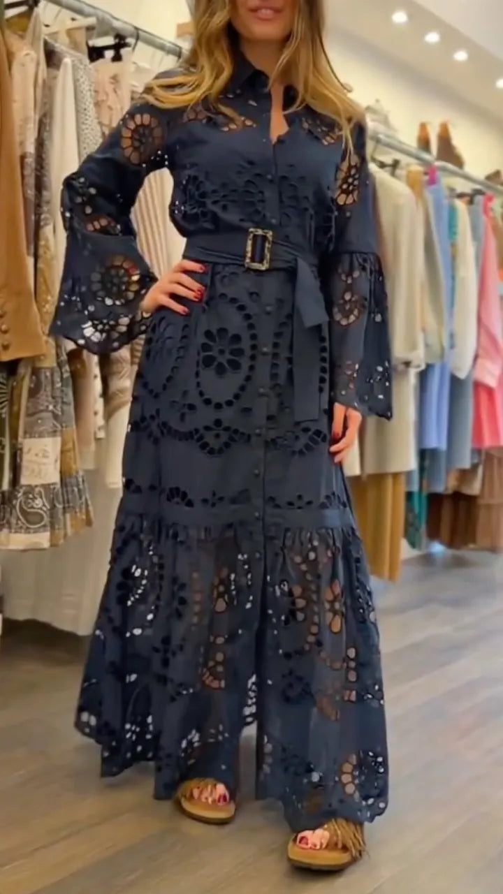 Eyelet Embroidery Belted Shirt Maxi Dress
