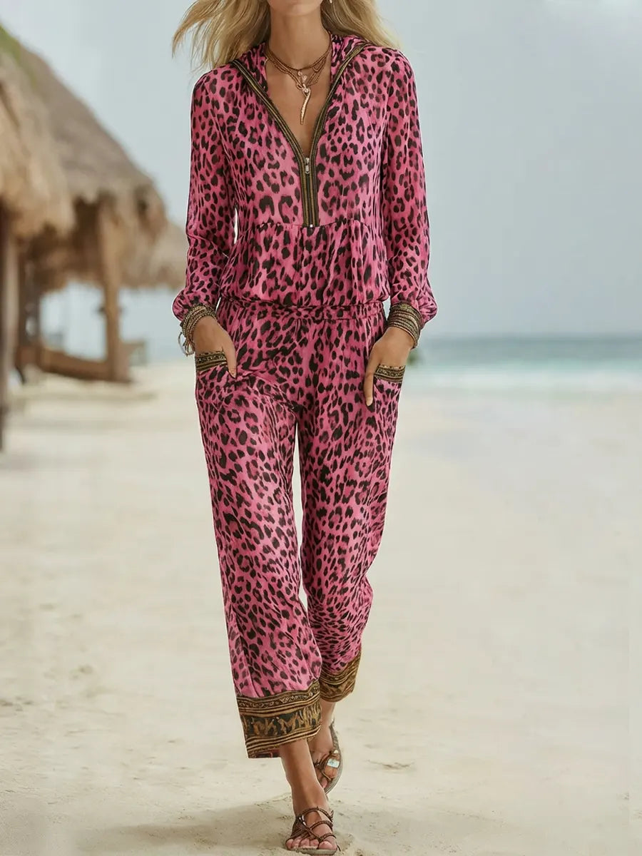 Women's Retro Leopard Art Print Hooded Zip Casual Jumpsuit