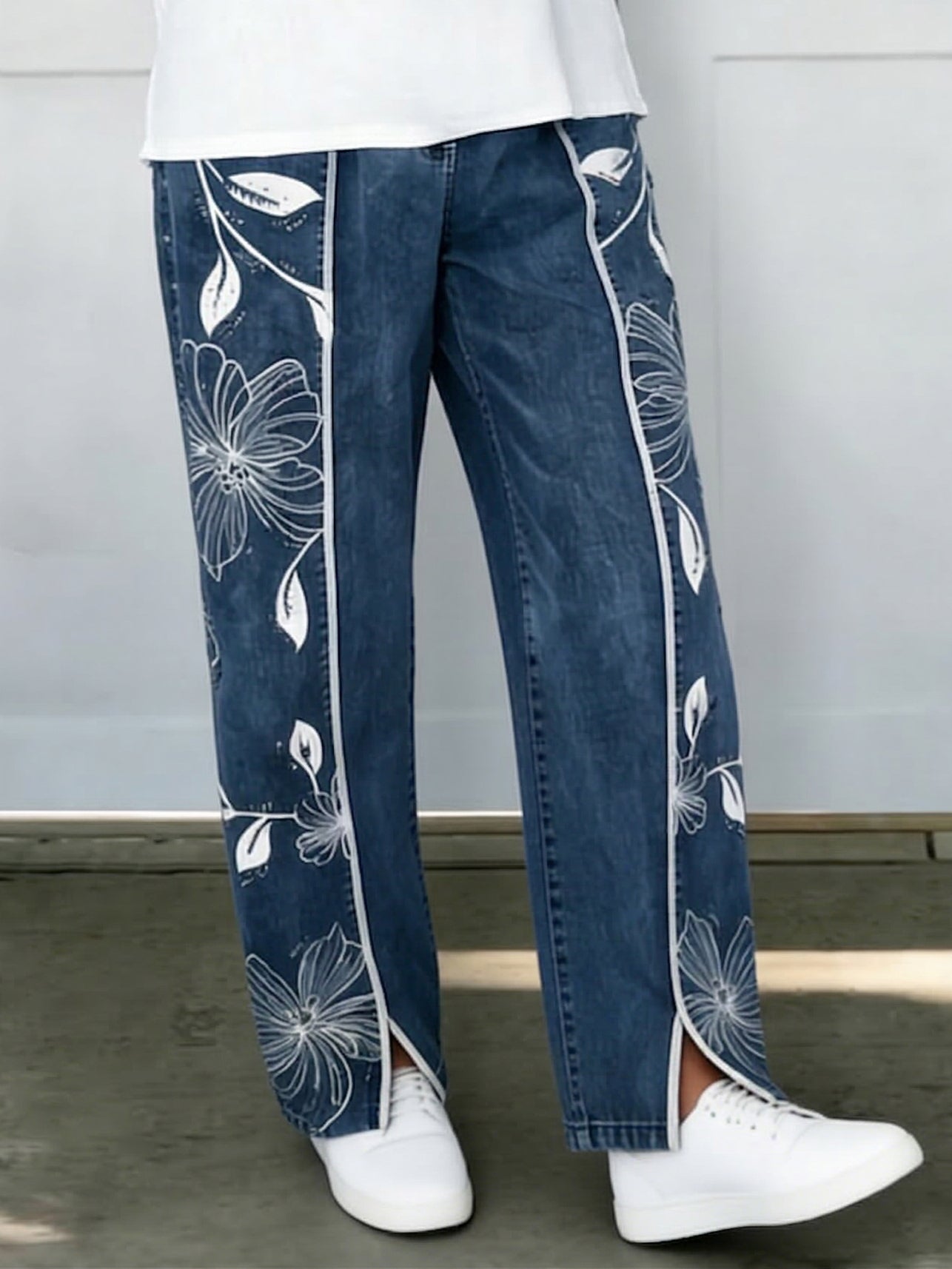 Cozy Artistic Floral Print Jeans