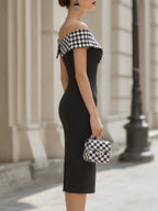 Chic Black & White Checkered Off-Shoulder Bodycon Midi Dress