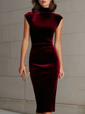 Burgundy Velvet Turtleneck Sheath Dress
