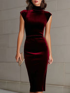Burgundy Velvet Turtleneck Sheath Dress