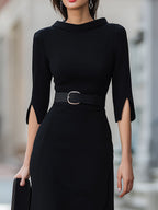Elegant Belted Black Midi Dress With Split Sleeves