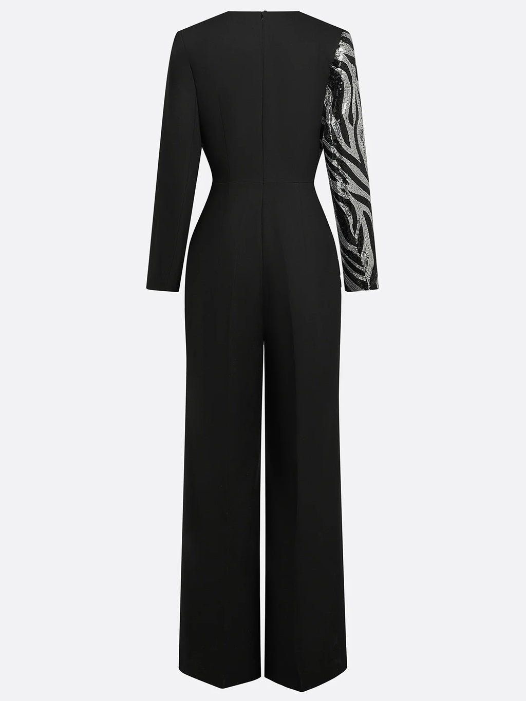 Women Black Sequin V Neck Long Sleeve Dressy Jumpsuit
