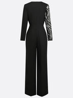 Women Black Sequin V Neck Long Sleeve Dressy Jumpsuit