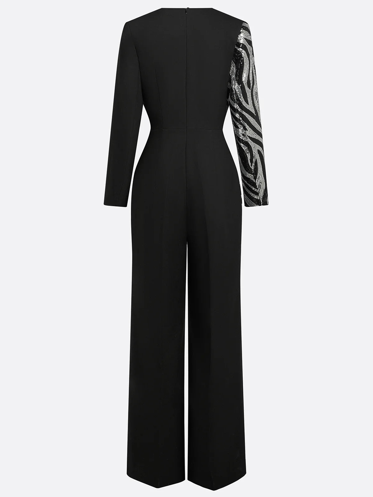 Women Black Sequin V Neck Long Sleeve Dressy Jumpsuit