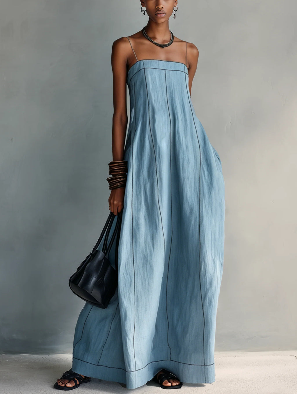 Light Blue Thin Stitch Linen Slip Maxi Dress