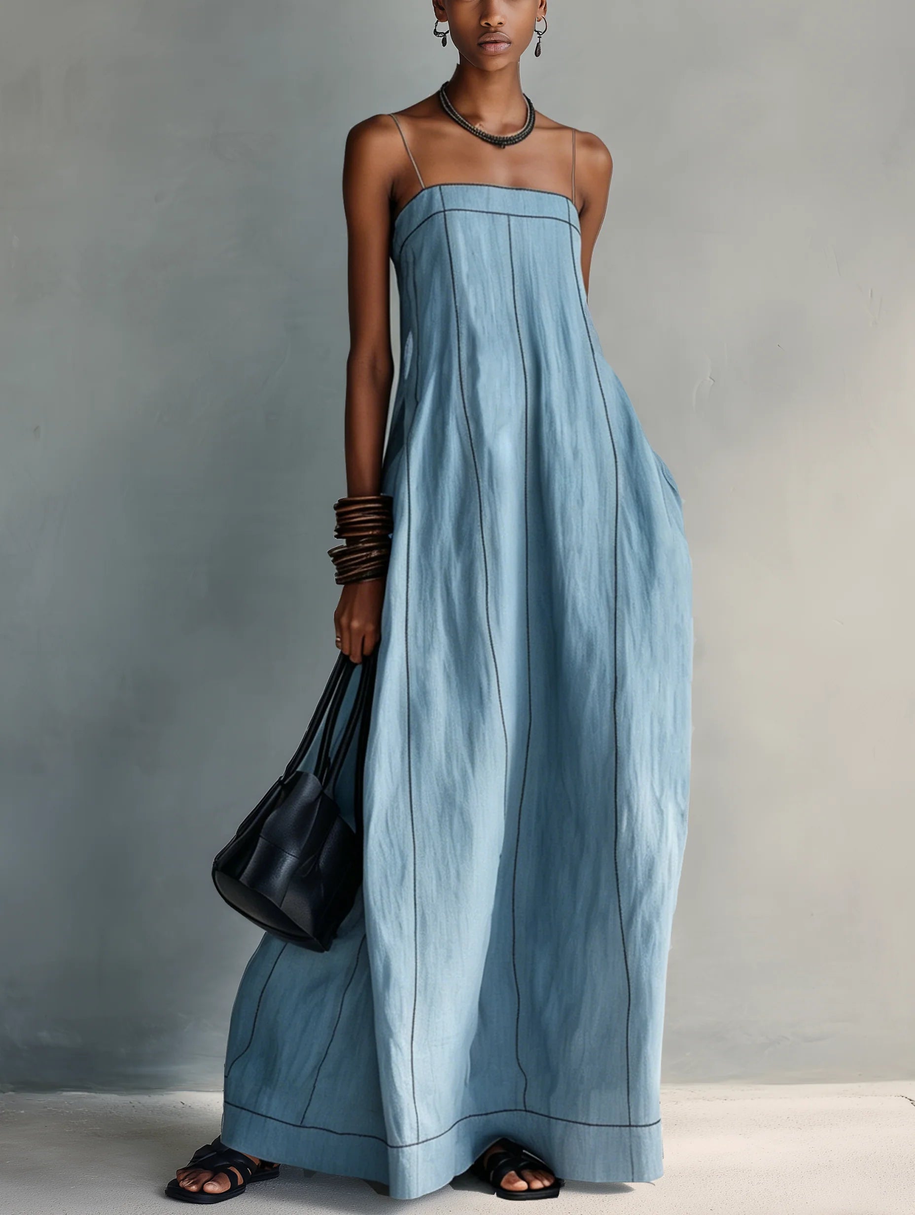 Light Blue Thin Stitch Linen Slip Maxi Dress