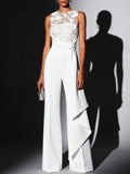 Women White 3D Floral Crew Neck Sleeveless Elegant Jumpsuit