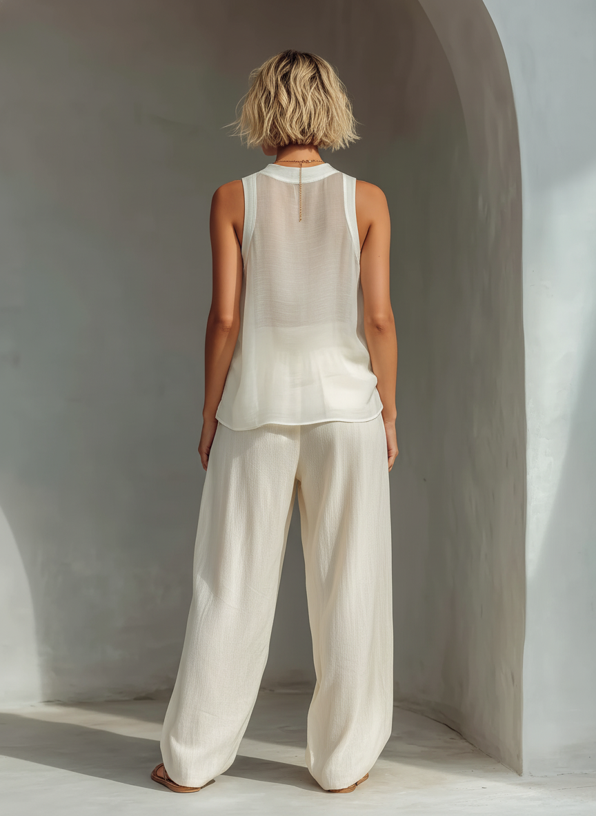 Women's Cream Two-Piece Set With Semi-sheer Chiffon Sleeveless Top & Cotton And Linen Blend Drawstring Wide-Leg Trousers MDZ1039C4T