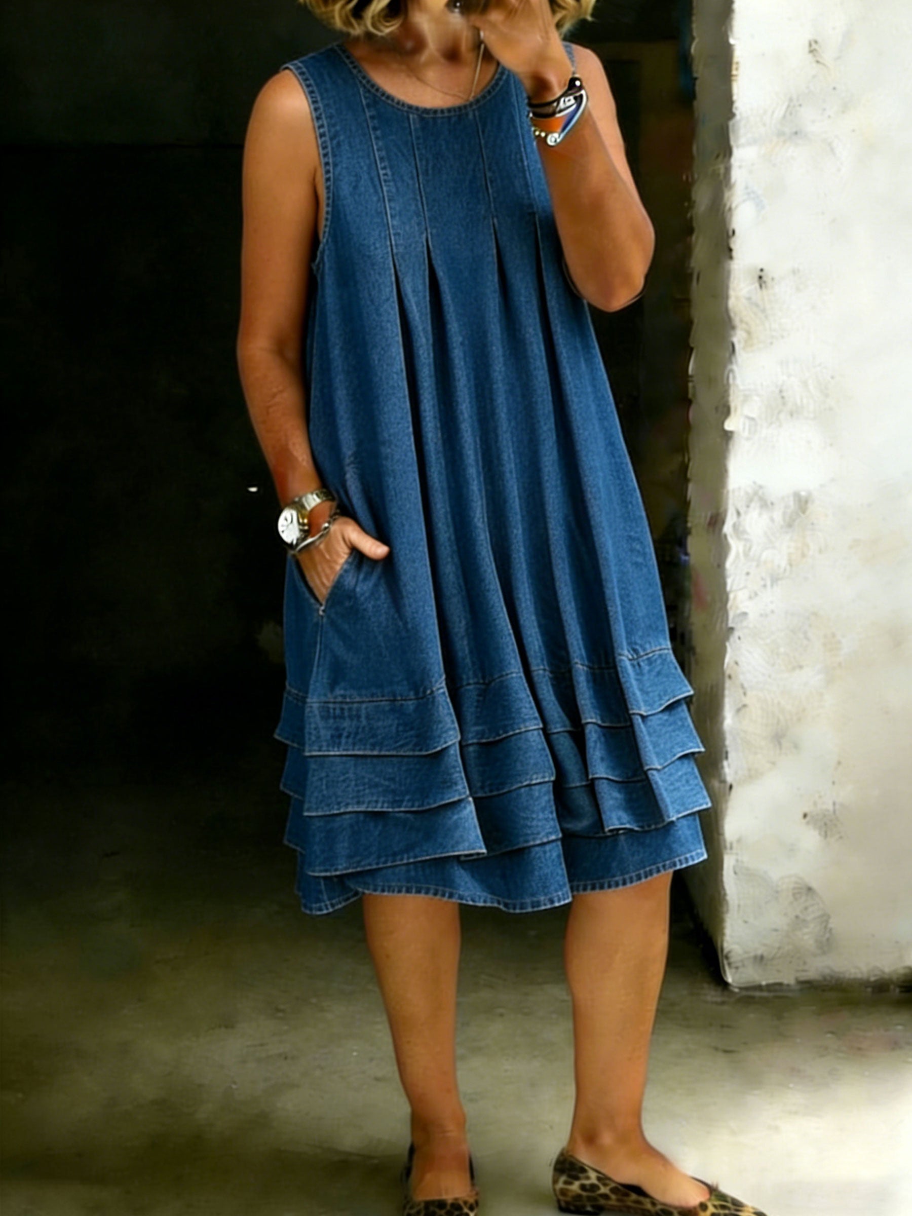 Women's Solid Color Loose Denim Pocket Dress