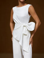 Women White Boat Neck Sleeveless Bow Wide-Leg Jumpsuit