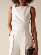 Women White Sleeveless Ruched Wide-Leg Jumpsuit With Pockets