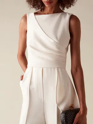 Women White Sleeveless Ruched Wide-Leg Jumpsuit With Pockets