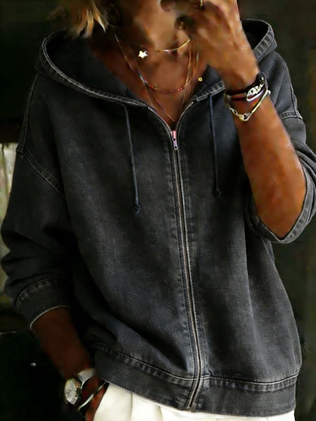 Women's Casual Long Sleeve Denim Zipper Hoodie Coat