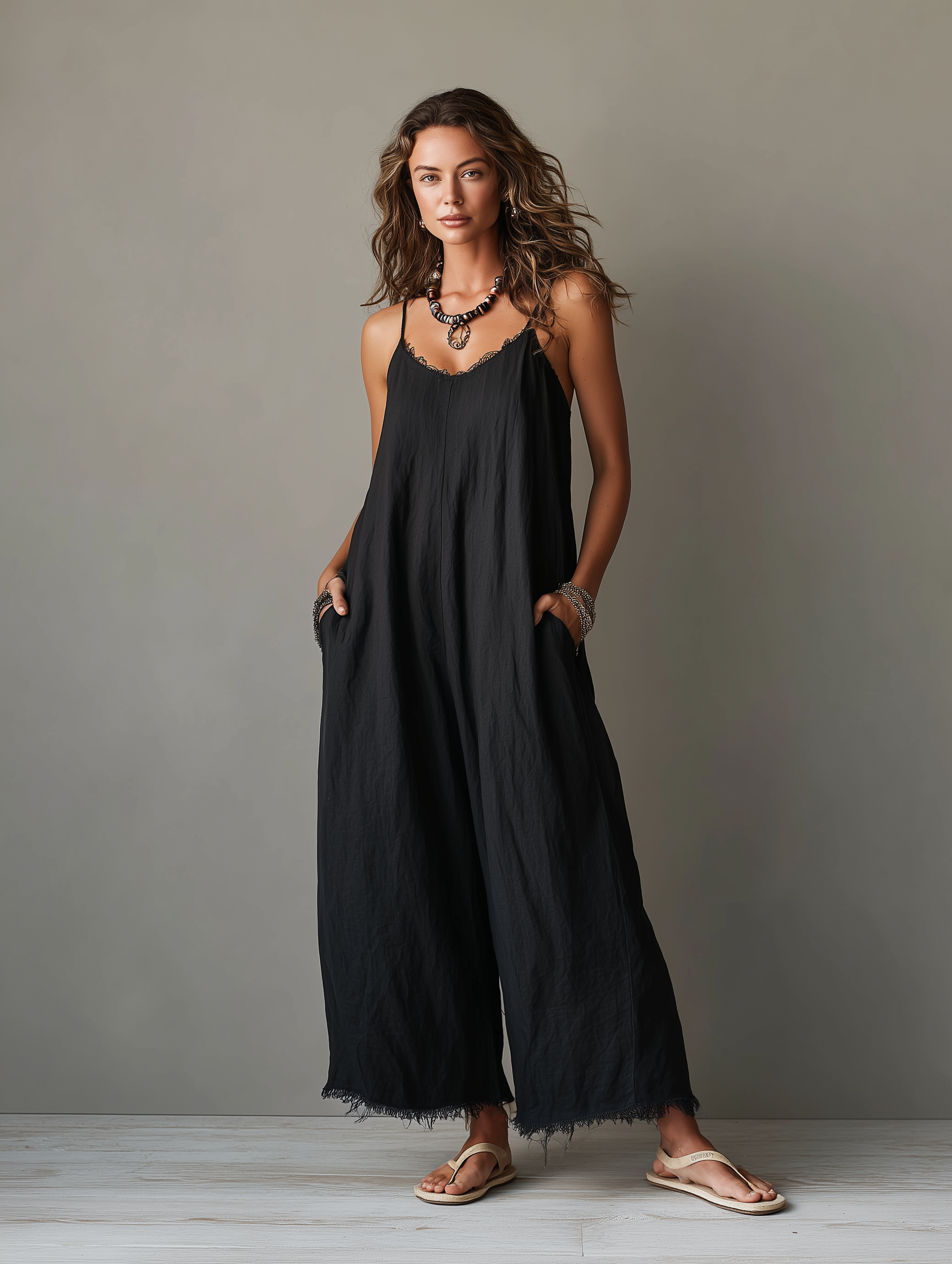 Women's Minimalist Loose-Fit Linen-Blend Jumpsuit With Lace Neckline, Spaghetti Straps, And Frayed Hems MDZ0171F3Y