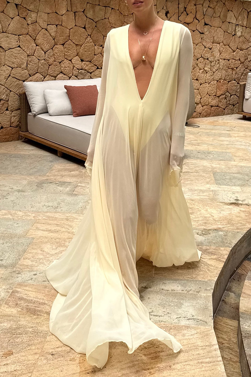 Deep V Sheer Chiffon Kaftan Maxi Dress