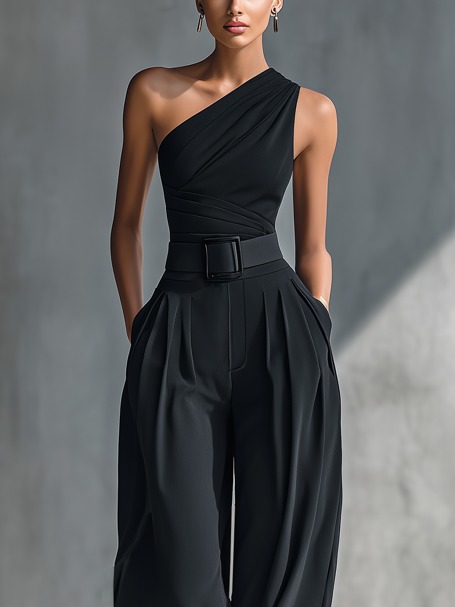 Women's Black High-elastic Knit Top And Acetate Wide-leg Pants MDZ1068B3T