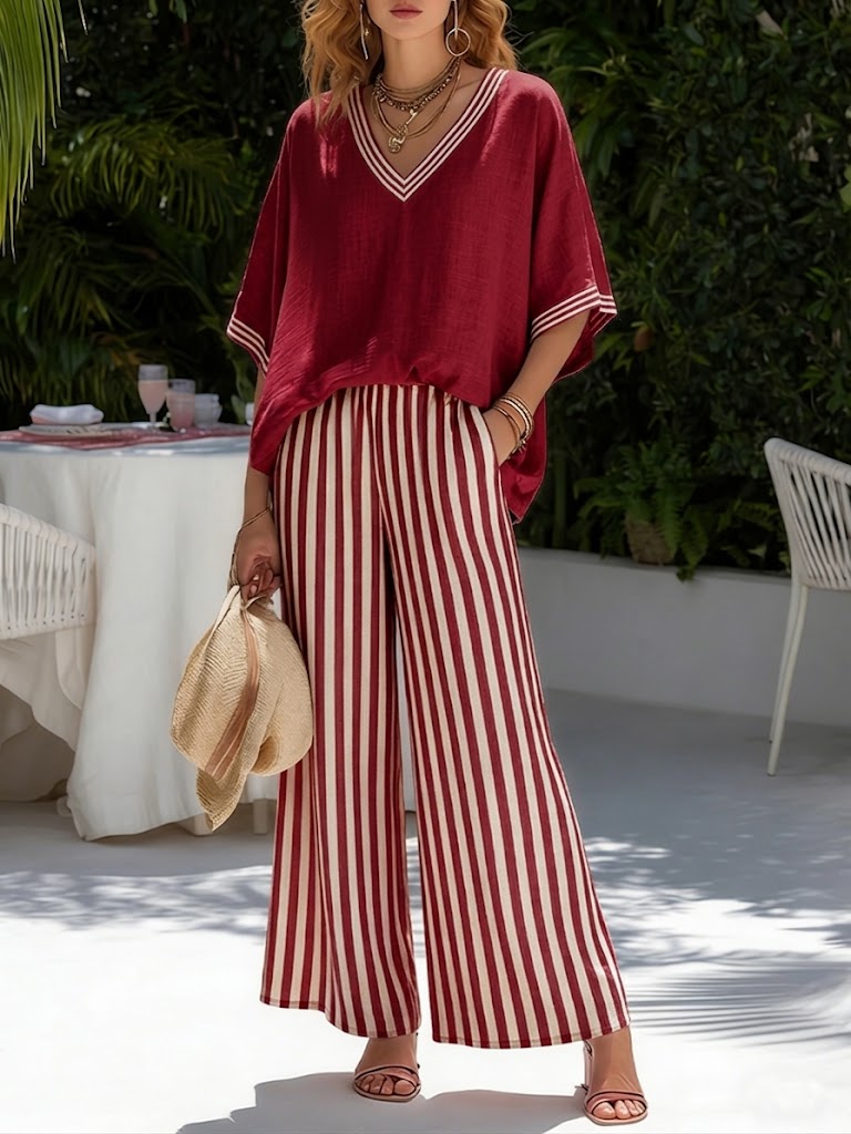 Casual Two-piece Set: Striped Linen & Cotton Patchwork Top And Striped Trousers— Look Put Together in 5 Seconds