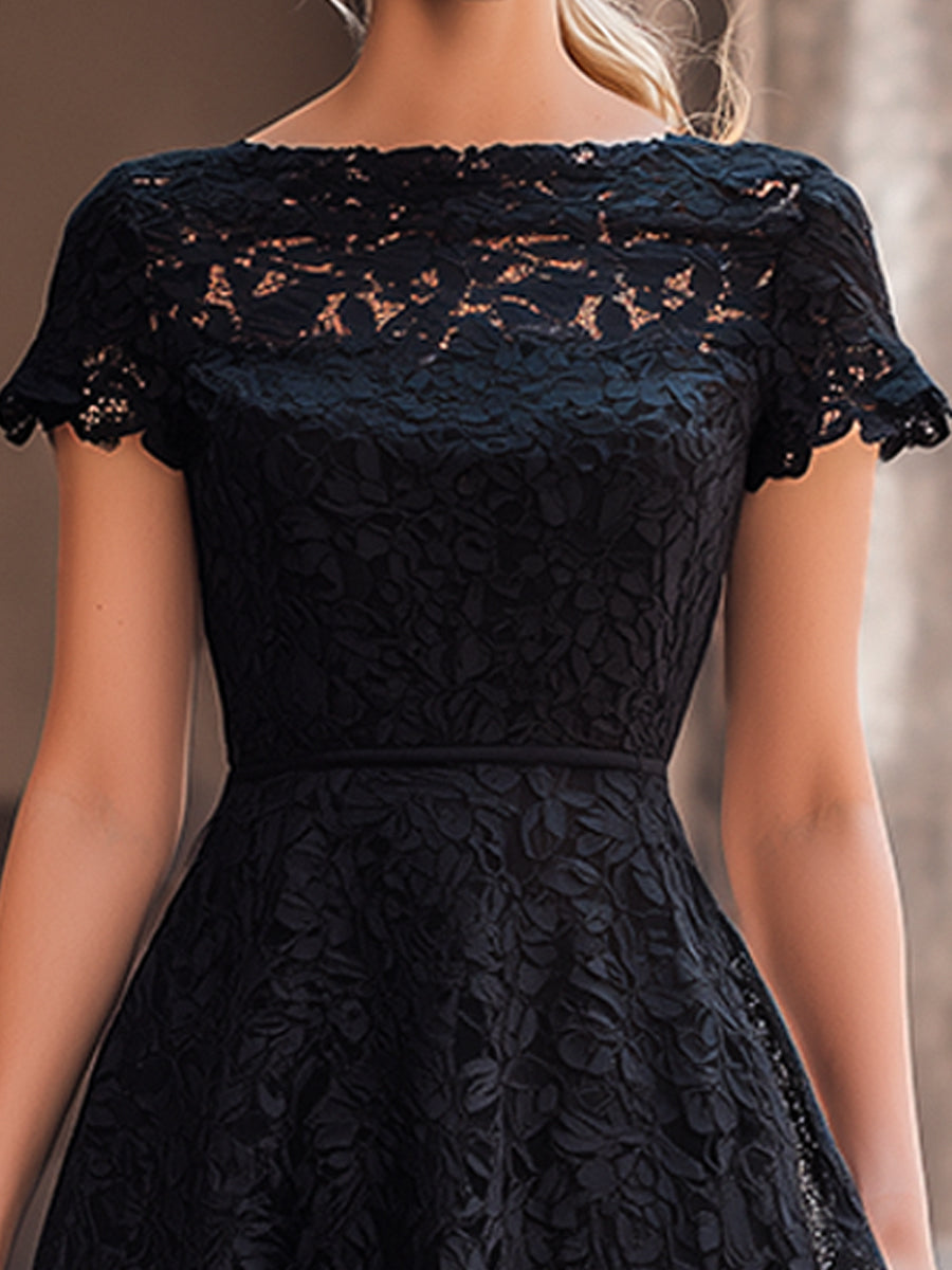 Elegant Floral Lace Boat Neck A-Line Midi Dress