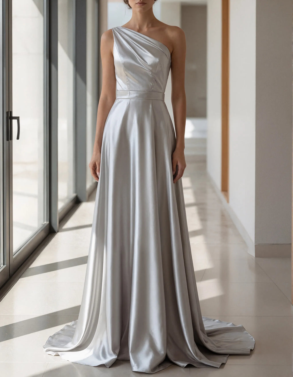 Silver Satin Shoulder Maxi Dress