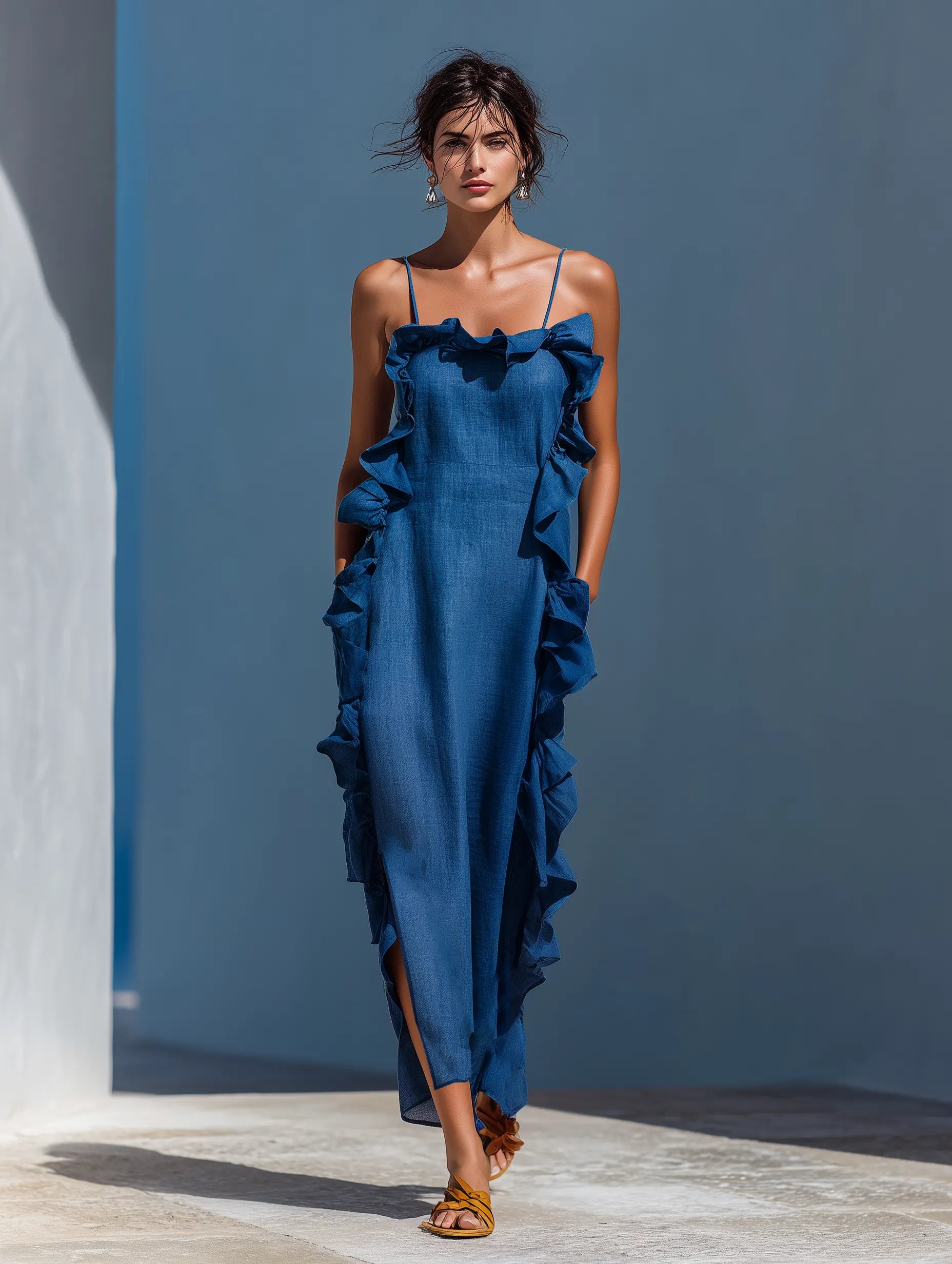 Women’s Blue Linen-Blend Spaghetti Strap Ruffle Trim Maxi Dress With Slit MDZ2407D1T