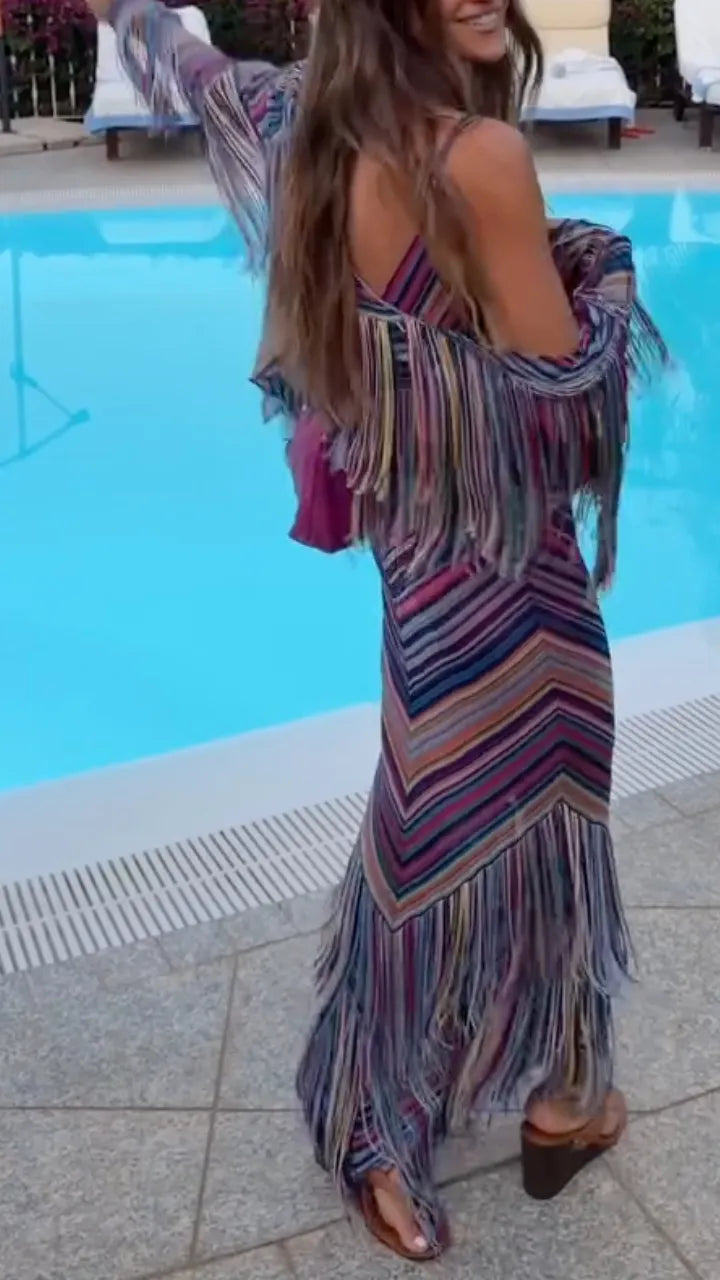 Rainbow Chevron Fringe Knit Maxi Dress with Matching Fringe Cover-Up