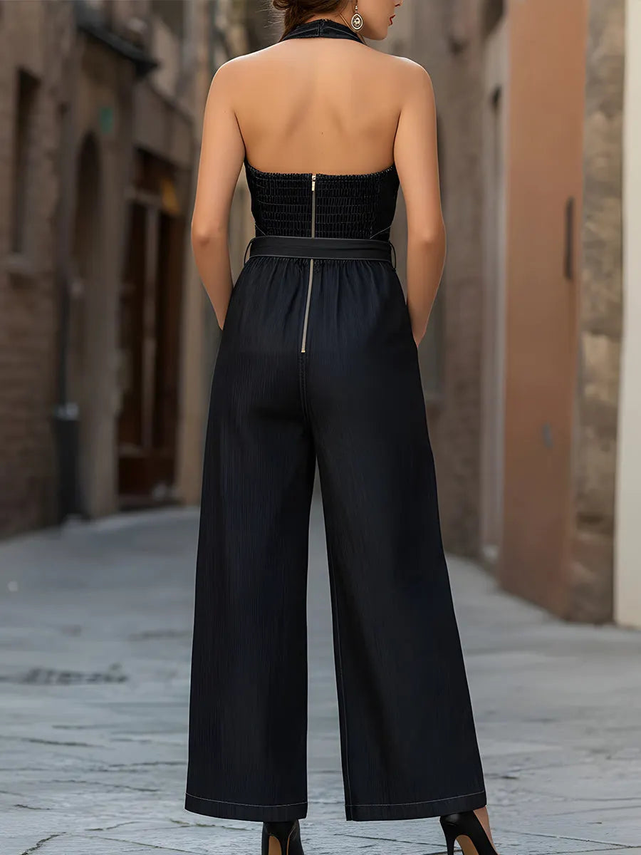 Deep V-Neck Belted Denim Wide-Leg Jumpsuit