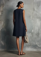 Navy Blue Round Neck Diagonal Button Sleeveless Mini Dress