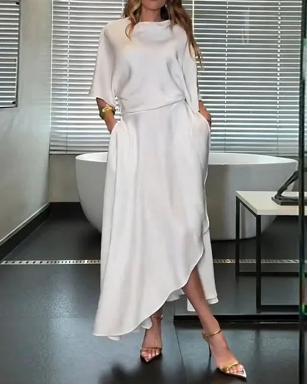 White Satin Cowl Neck Midi Dress With Pockets