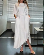 White Satin Cowl Neck Midi Dress With Pockets