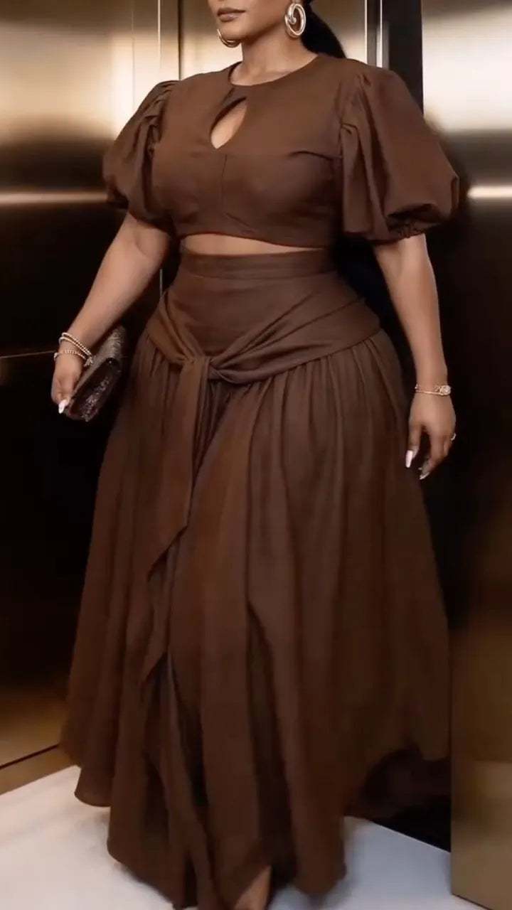 Taupe Linen-Blend Cropped Top & Wrap Maxi Skirt Two-Piece Set
