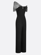 Women Black Mesh Rhinestone V Neck Short Sleeve Elegant Jumpsuit
