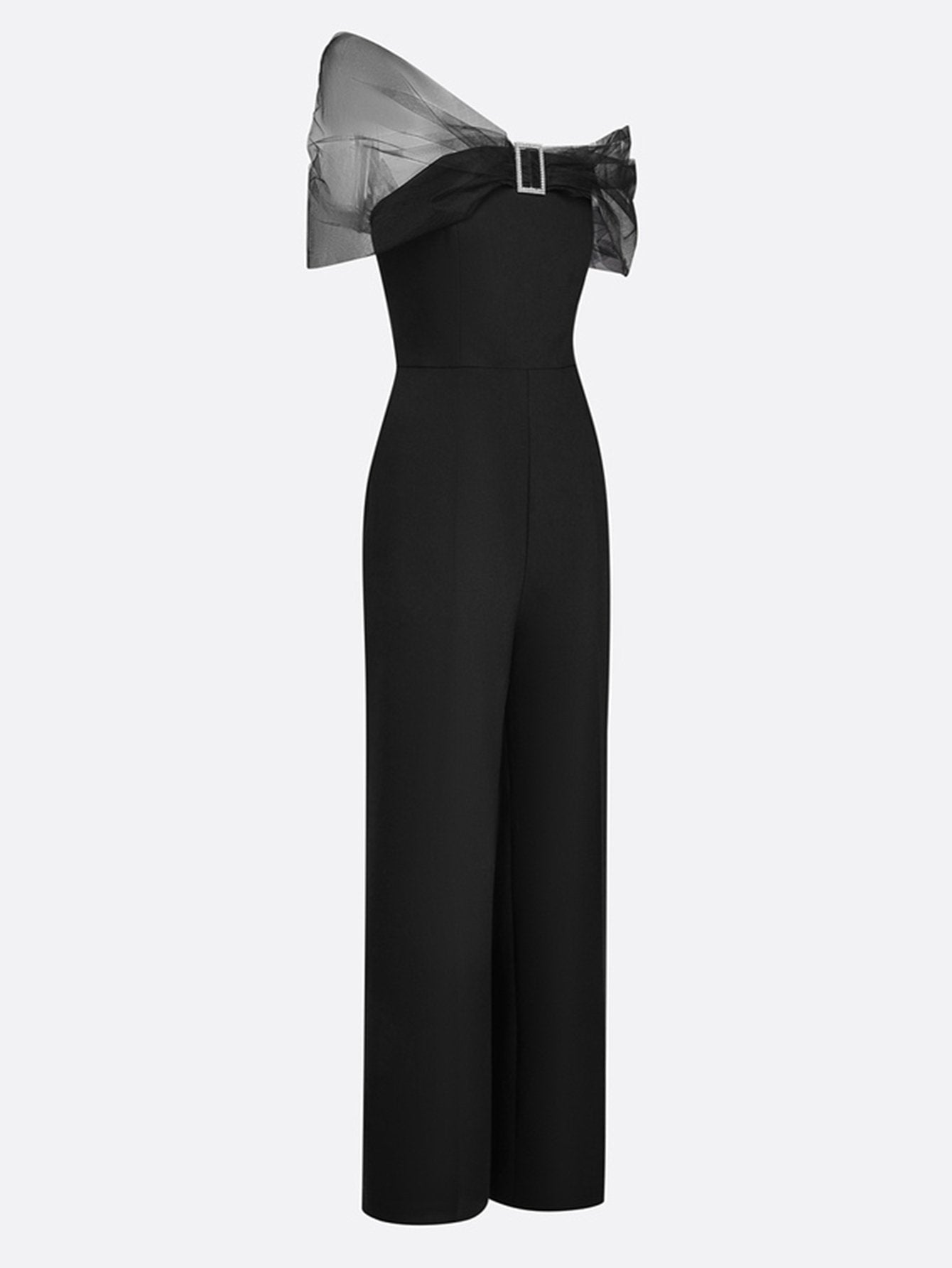Women Black Mesh Rhinestone V Neck Short Sleeve Elegant Jumpsuit