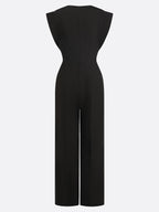 Women Black Buckle Hollow Out Crew Neck Cap Sleeve Dressy Jumpsuit