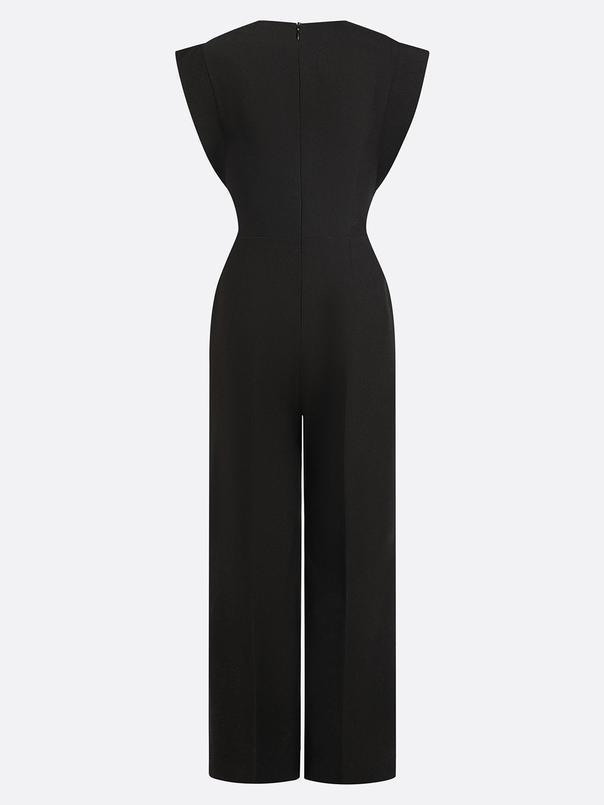 Women Black Buckle Hollow Out Crew Neck Cap Sleeve Dressy Jumpsuit