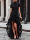 Sheer Ruffle High-Low Tie Waist Maxi Dress