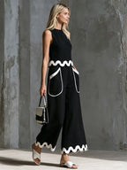 Retro Color-blocked Wavy-trimmed Black Sleeveless Cotton-linen Top And Pants Set