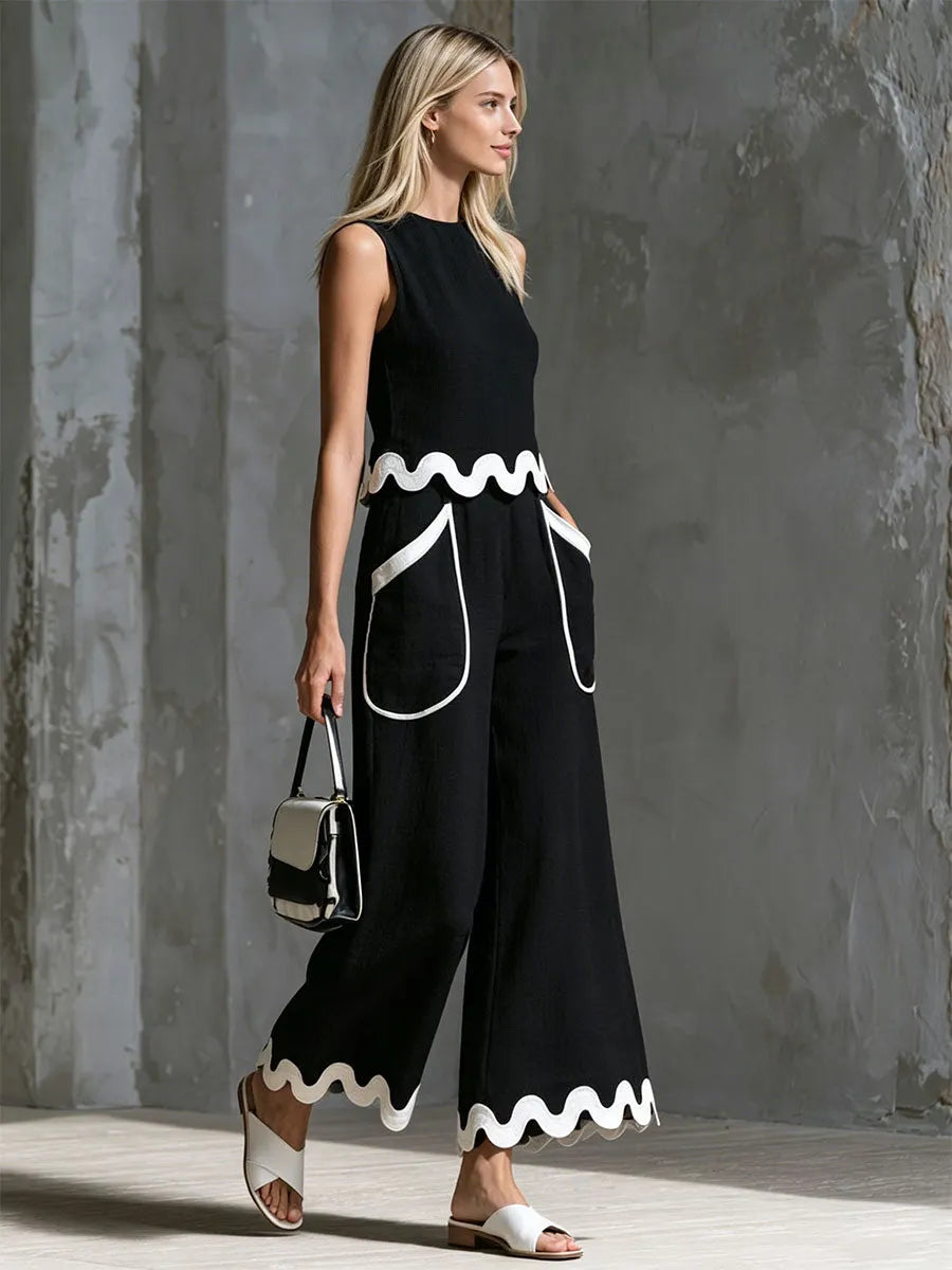 Retro Color-blocked Wavy-trimmed Black Sleeveless Cotton-linen Top And Pants Set