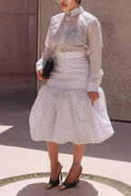 Women's Elegant Polka Dot Blouse Balloon Hem Skirt Set